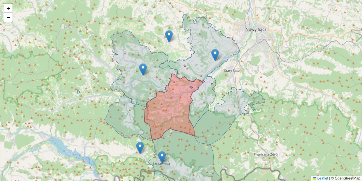 Szczegółowa mapa kodu pocztowego 33-389 z granicami, sąsiednimi kodami pocztowymi i urzędami pocztowymi