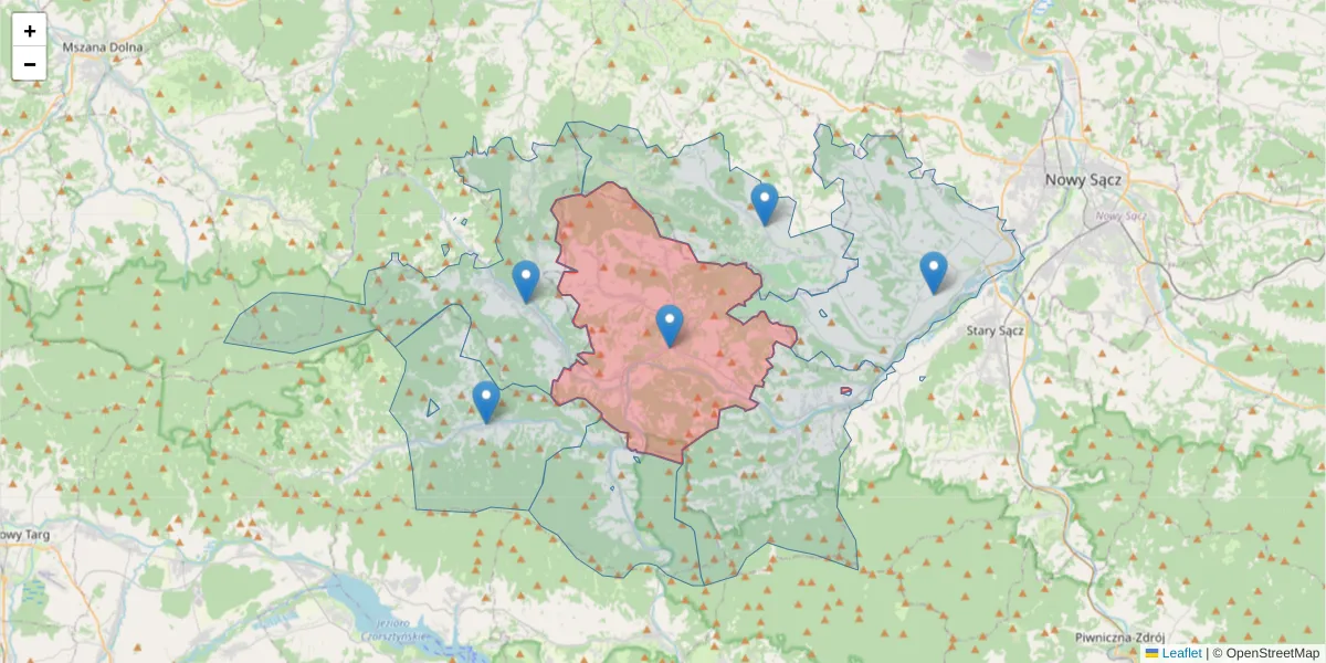 Szczegółowa mapa kodu pocztowego 33-390 z granicami, sąsiednimi kodami pocztowymi i urzędami pocztowymi