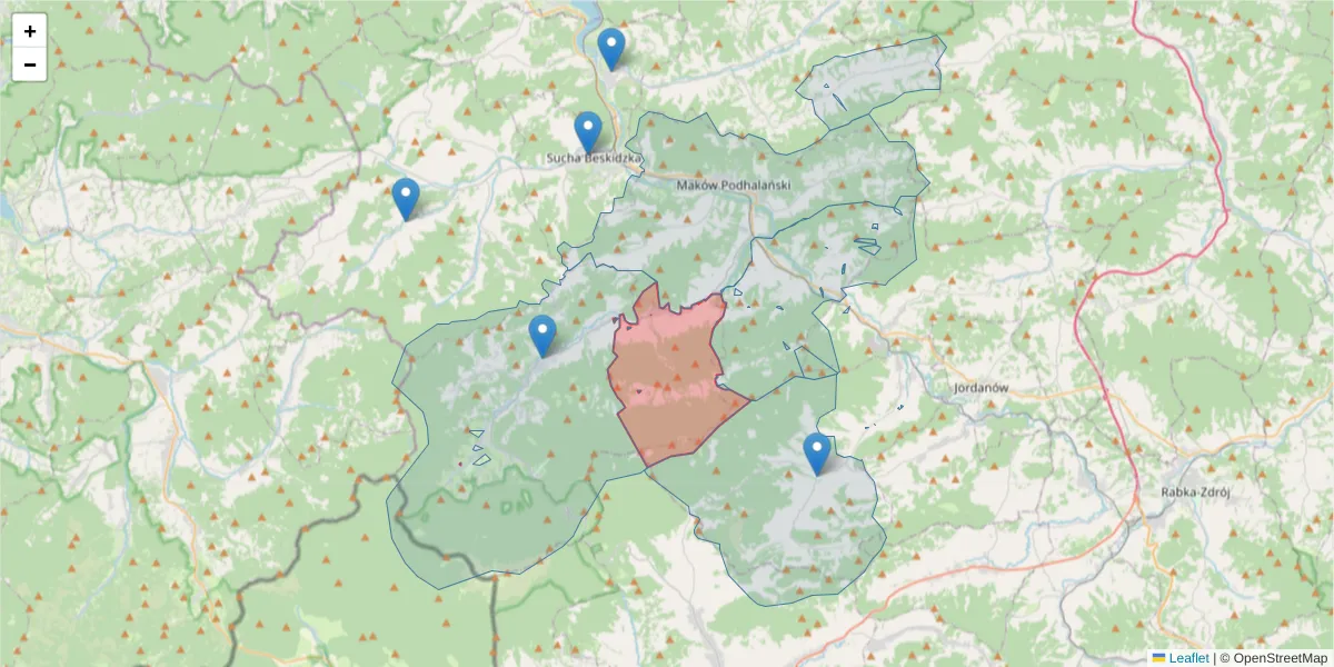 Szczegółowa mapa kodu pocztowego 34-221 z granicami, sąsiednimi kodami pocztowymi i urzędami pocztowymi