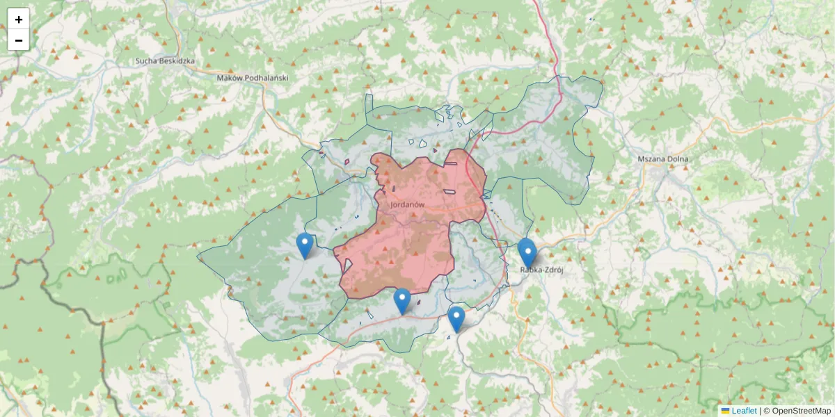 Szczegółowa mapa kodu pocztowego 34-240 z granicami, sąsiednimi kodami pocztowymi i urzędami pocztowymi