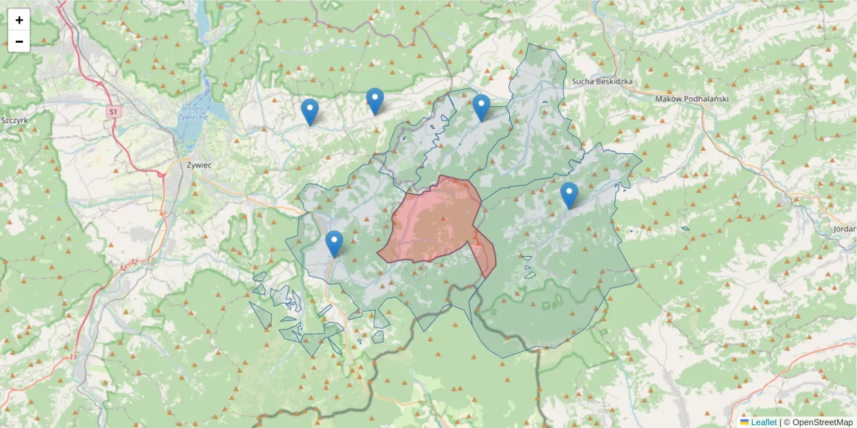 Szczegółowa mapa kodu pocztowego 34-332 z granicami, sąsiednimi kodami pocztowymi i urzędami pocztowymi