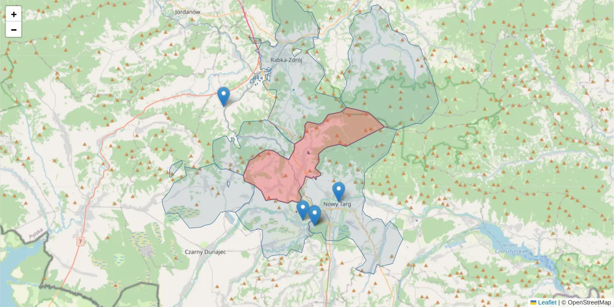 Szczegółowa mapa kodu pocztowego 34-404 z granicami, sąsiednimi kodami pocztowymi i urzędami pocztowymi