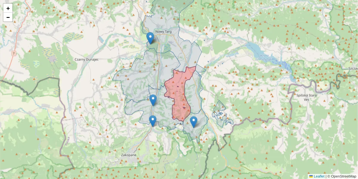 Szczegółowa mapa kodu pocztowego 34-406 z granicami, sąsiednimi kodami pocztowymi i urzędami pocztowymi