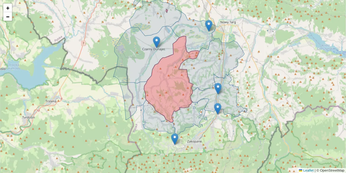 Szczegółowa mapa kodu pocztowego 34-407 z granicami, sąsiednimi kodami pocztowymi i urzędami pocztowymi