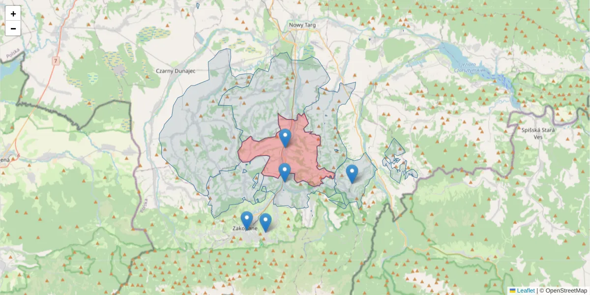 Szczegółowa mapa kodu pocztowego 34-425 z granicami, sąsiednimi kodami pocztowymi i urzędami pocztowymi