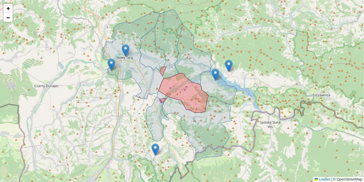Szczegółowa mapa kodu pocztowego 34-433 z granicami, sąsiednimi kodami pocztowymi i urzędami pocztowymi