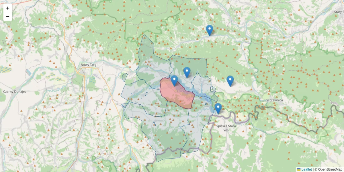Szczegółowa mapa kodu pocztowego 34-435 z granicami, sąsiednimi kodami pocztowymi i urzędami pocztowymi