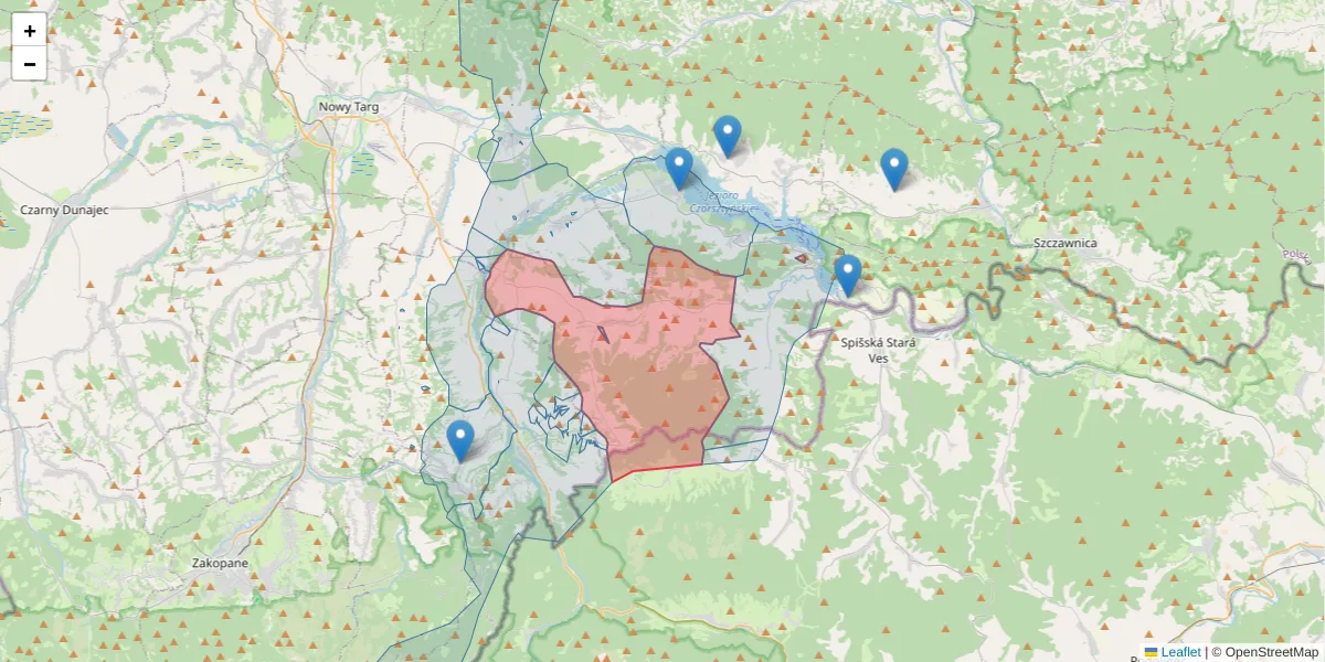 Szczegółowa mapa kodu pocztowego 34-442 z granicami, sąsiednimi kodami pocztowymi i urzędami pocztowymi