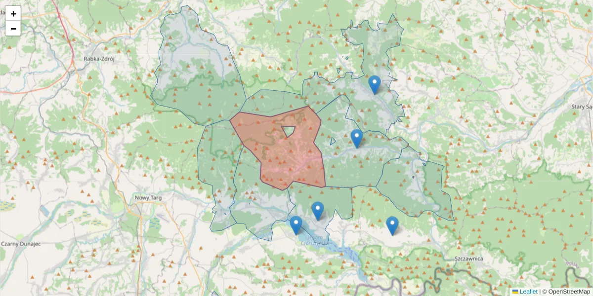 Szczegółowa mapa kodu pocztowego 34-453 z granicami, sąsiednimi kodami pocztowymi i urzędami pocztowymi