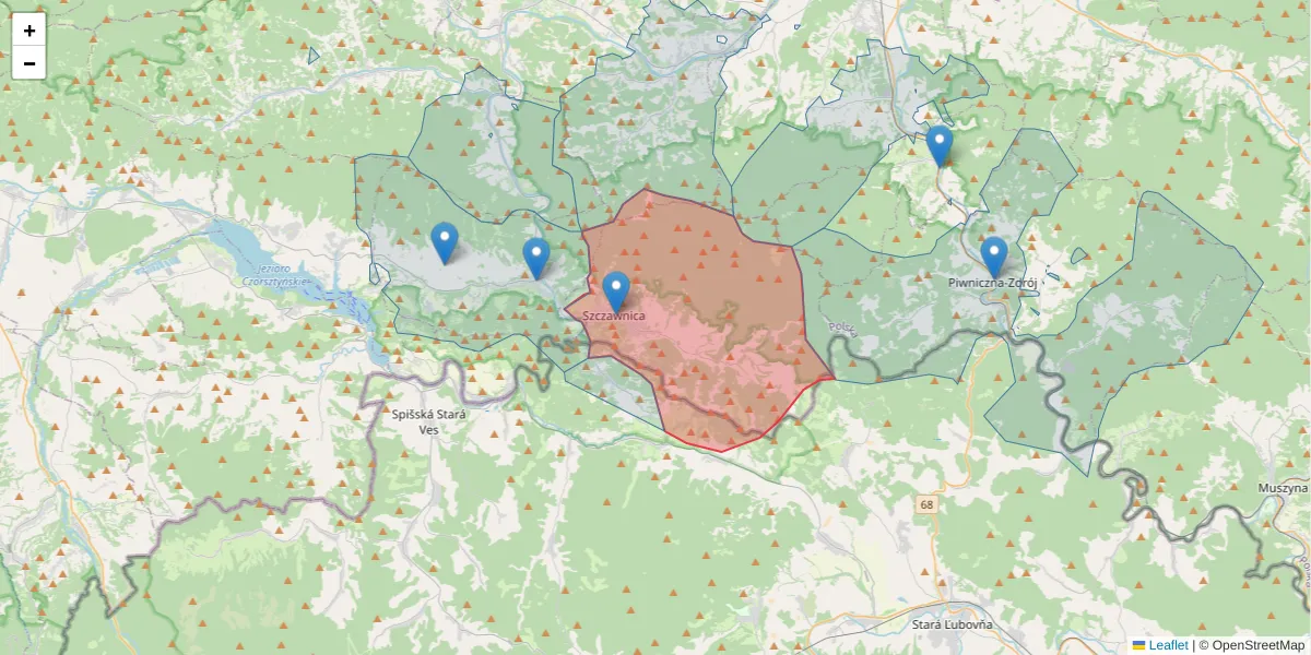 Szczegółowa mapa kodu pocztowego 34-460 z granicami, sąsiednimi kodami pocztowymi i urzędami pocztowymi