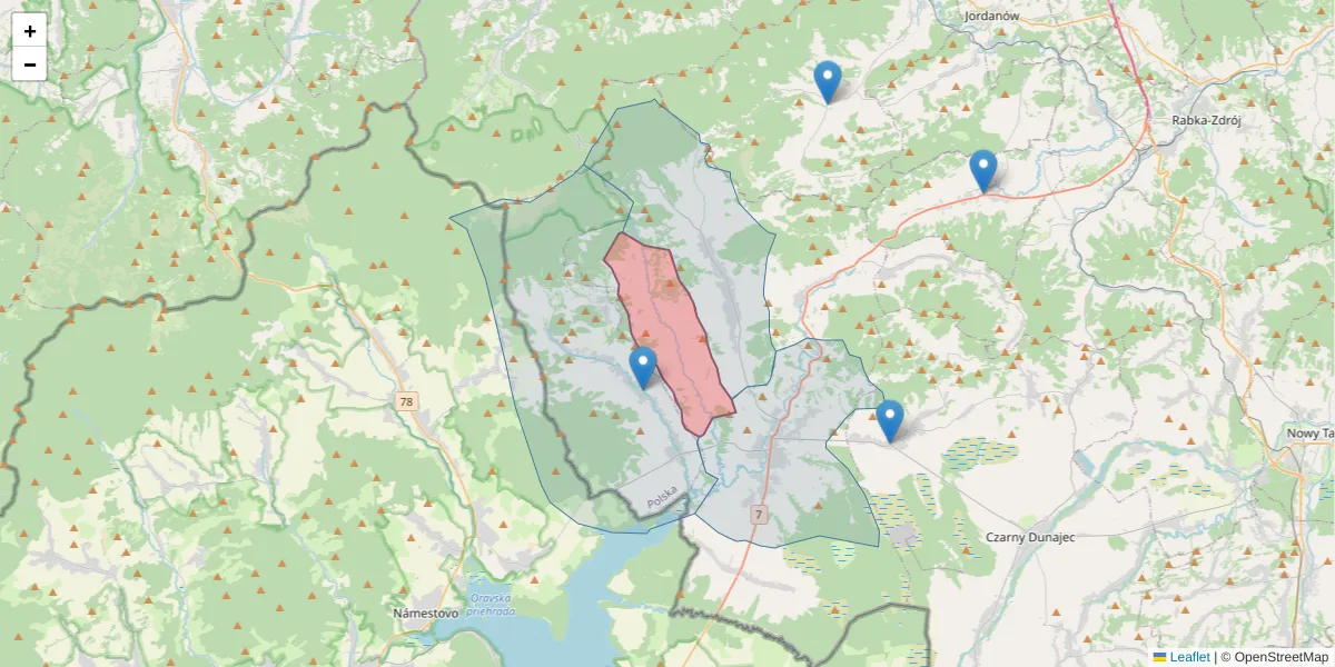 Szczegółowa mapa kodu pocztowego 34-482 z granicami, sąsiednimi kodami pocztowymi i urzędami pocztowymi