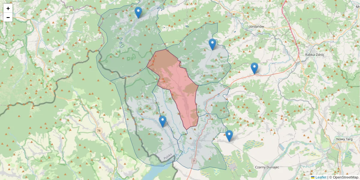 Szczegółowa mapa kodu pocztowego 34-484 z granicami, sąsiednimi kodami pocztowymi i urzędami pocztowymi
