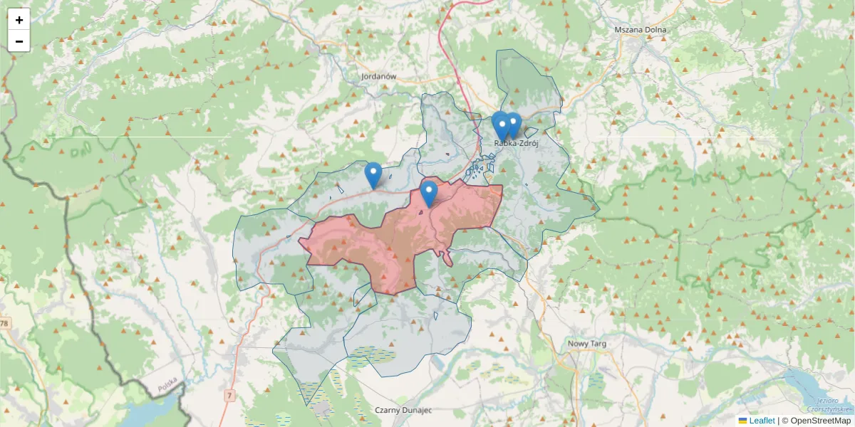 Szczegółowa mapa kodu pocztowego 34-721 z granicami, sąsiednimi kodami pocztowymi i urzędami pocztowymi