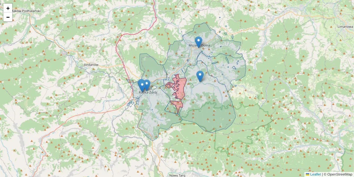 Szczegółowa mapa kodu pocztowego 34-732 z granicami, sąsiednimi kodami pocztowymi i urzędami pocztowymi