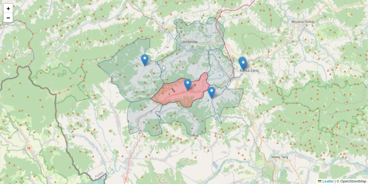Szczegółowa mapa kodu pocztowego 34-745 z granicami, sąsiednimi kodami pocztowymi i urzędami pocztowymi