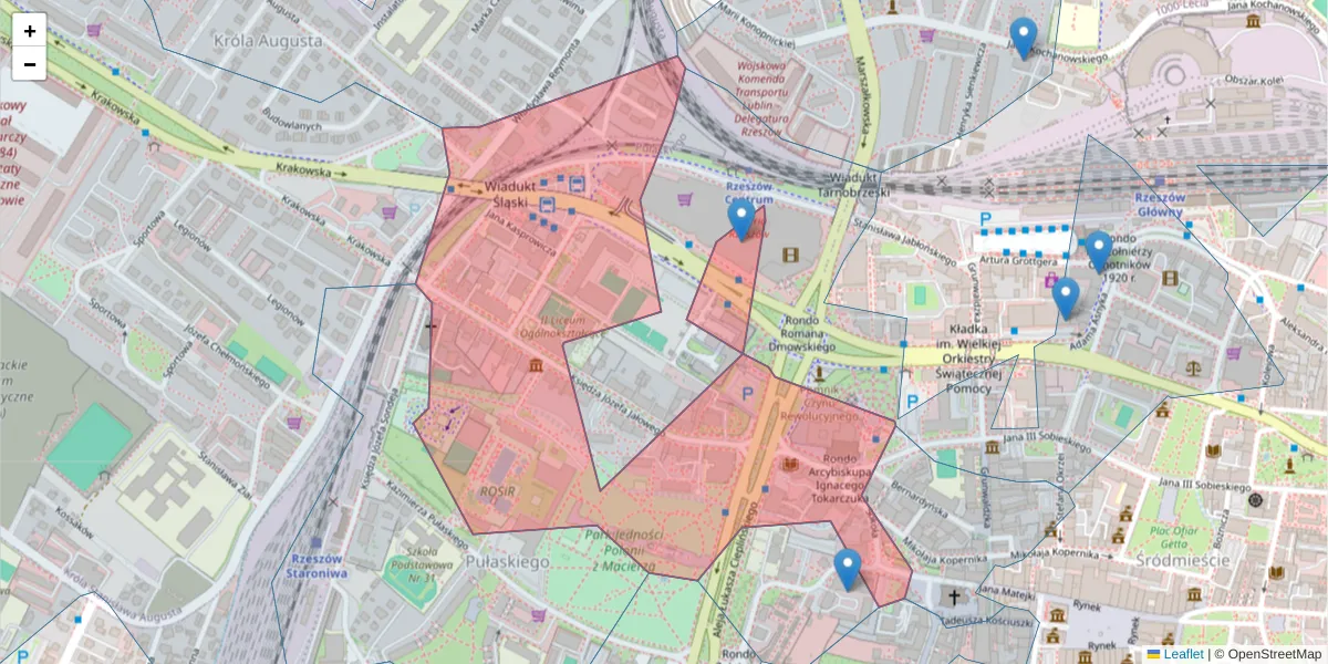Szczegółowa mapa kodu pocztowego 35-010 z granicami, sąsiednimi kodami pocztowymi i urzędami pocztowymi