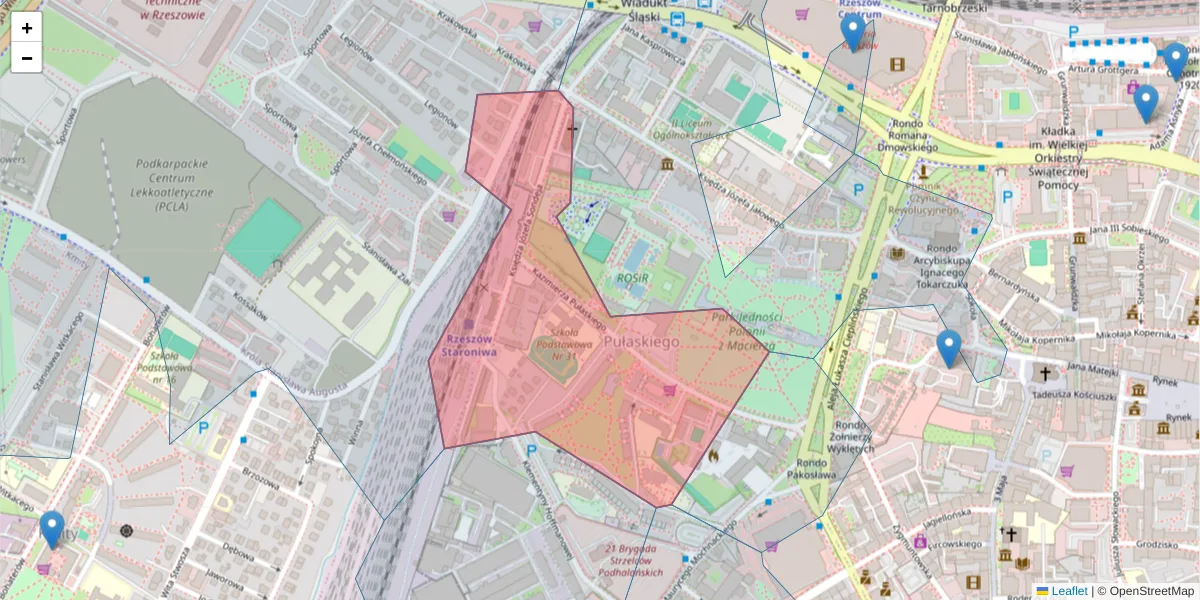 Szczegółowa mapa kodu pocztowego 35-011 z granicami, sąsiednimi kodami pocztowymi i urzędami pocztowymi