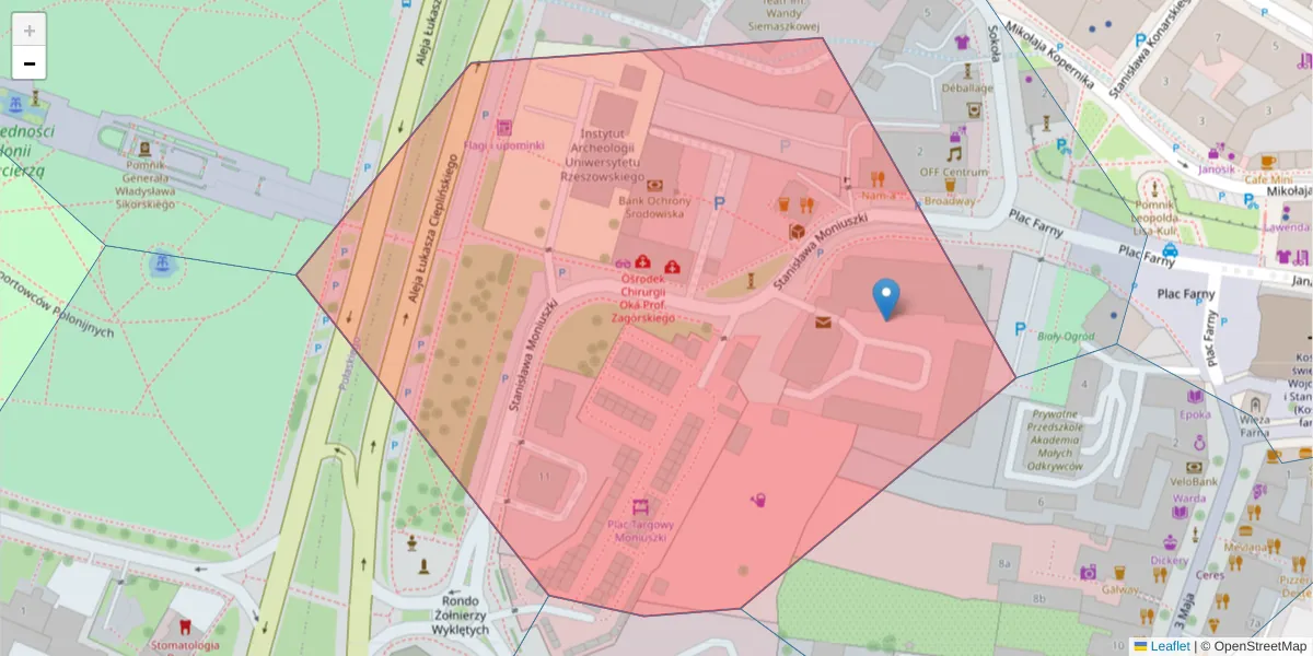 Szczegółowa mapa kodu pocztowego 35-015 z granicami, sąsiednimi kodami pocztowymi i urzędami pocztowymi