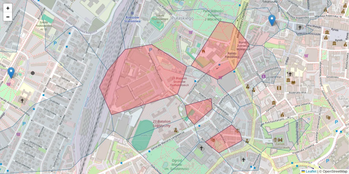 Szczegółowa mapa kodu pocztowego 35-016 z granicami, sąsiednimi kodami pocztowymi i urzędami pocztowymi