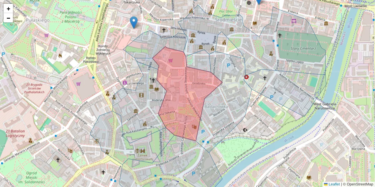 Szczegółowa mapa kodu pocztowego 35-060 z granicami, sąsiednimi kodami pocztowymi i urzędami pocztowymi