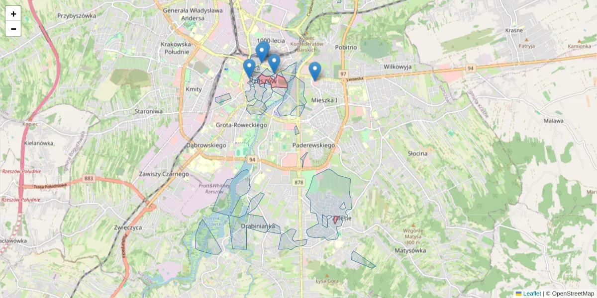 Szczegółowa mapa kodu pocztowego 35-064 z granicami, sąsiednimi kodami pocztowymi i urzędami pocztowymi