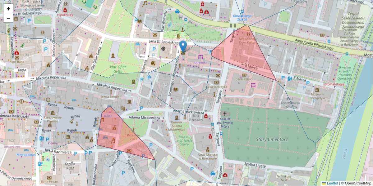 Szczegółowa mapa kodu pocztowego 35-065 z granicami, sąsiednimi kodami pocztowymi i urzędami pocztowymi