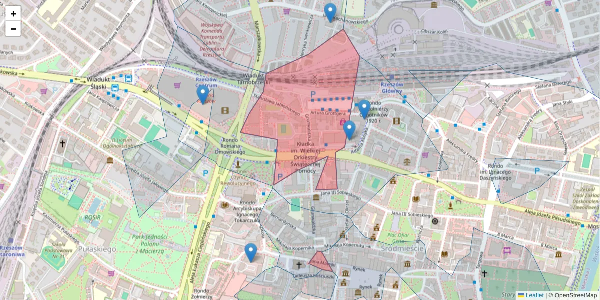 Szczegółowa mapa kodu pocztowego 35-068 z granicami, sąsiednimi kodami pocztowymi i urzędami pocztowymi