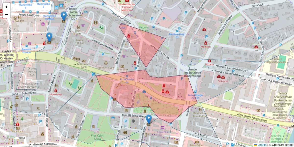 Szczegółowa mapa kodu pocztowego 35-073 z granicami, sąsiednimi kodami pocztowymi i urzędami pocztowymi