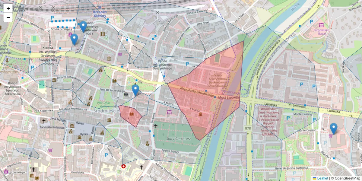 Szczegółowa mapa kodu pocztowego 35-074 z granicami, sąsiednimi kodami pocztowymi i urzędami pocztowymi