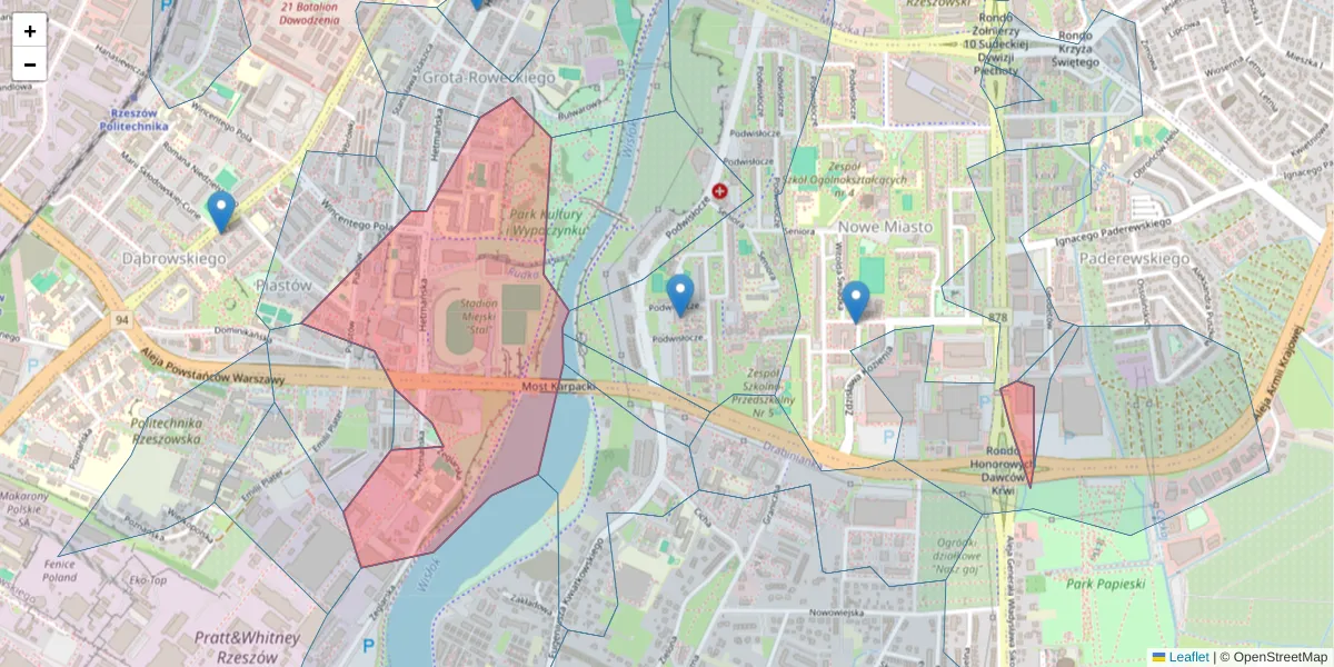 Szczegółowa mapa kodu pocztowego 35-078 z granicami, sąsiednimi kodami pocztowymi i urzędami pocztowymi