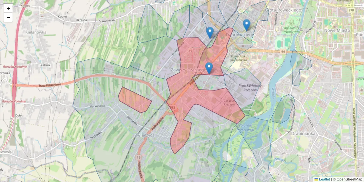 Szczegółowa mapa kodu pocztowego 35-082 z granicami, sąsiednimi kodami pocztowymi i urzędami pocztowymi