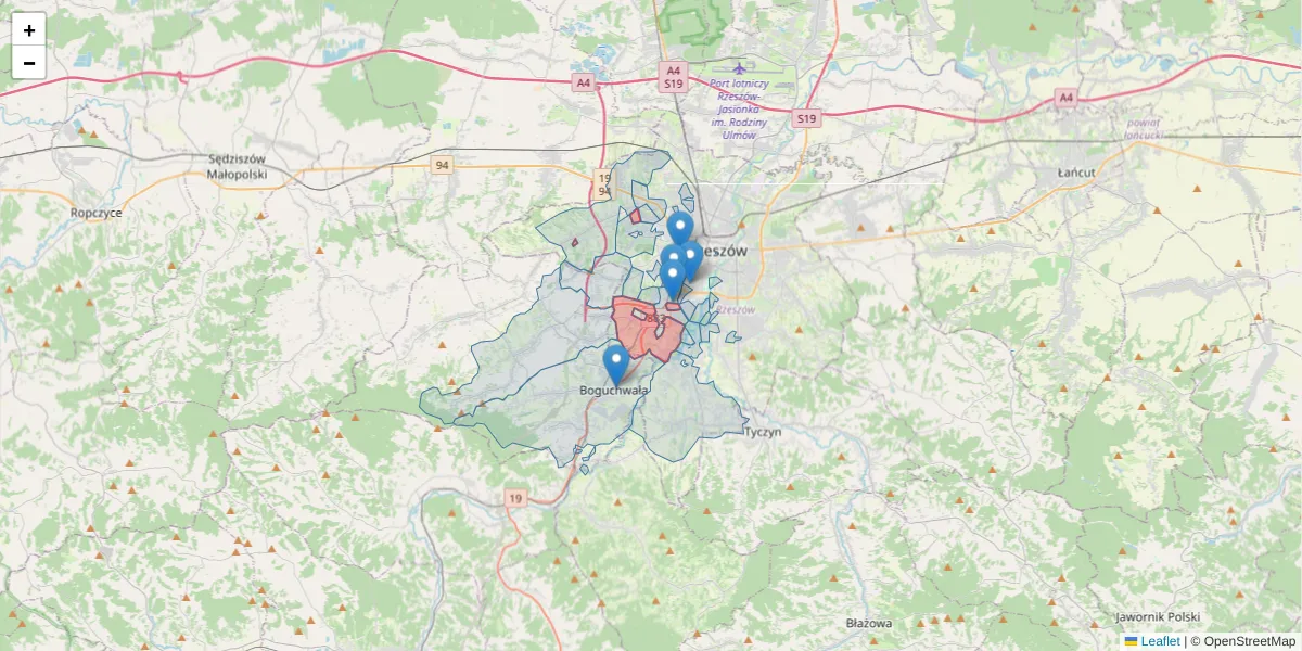 Szczegółowa mapa kodu pocztowego 35-083 z granicami, sąsiednimi kodami pocztowymi i urzędami pocztowymi