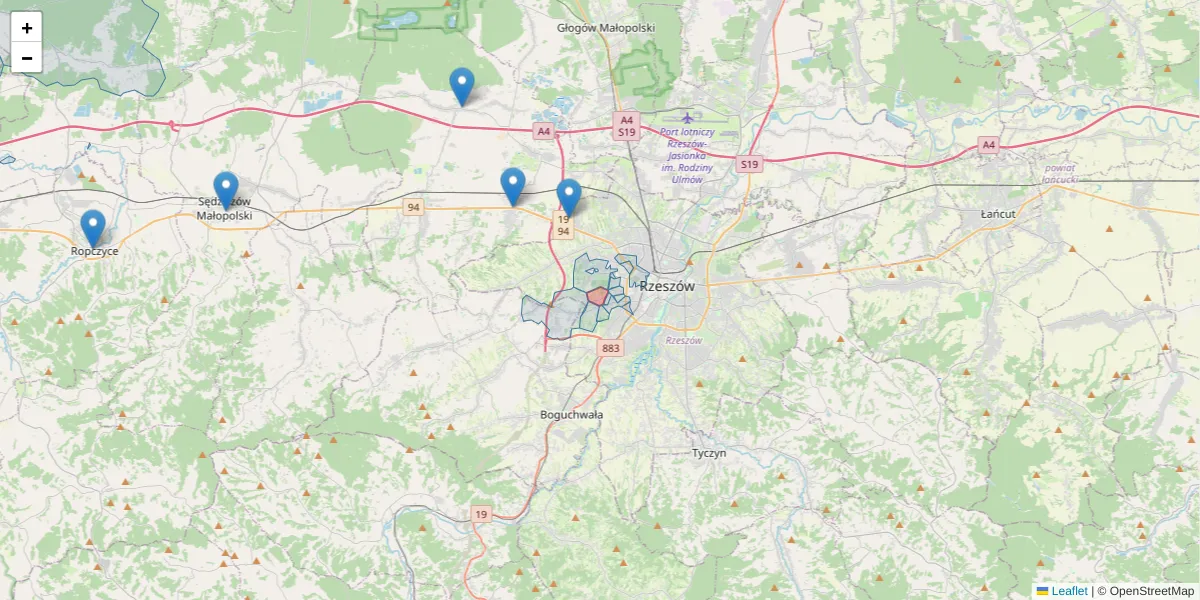 Szczegółowa mapa kodu pocztowego 35-104 z granicami, sąsiednimi kodami pocztowymi i urzędami pocztowymi