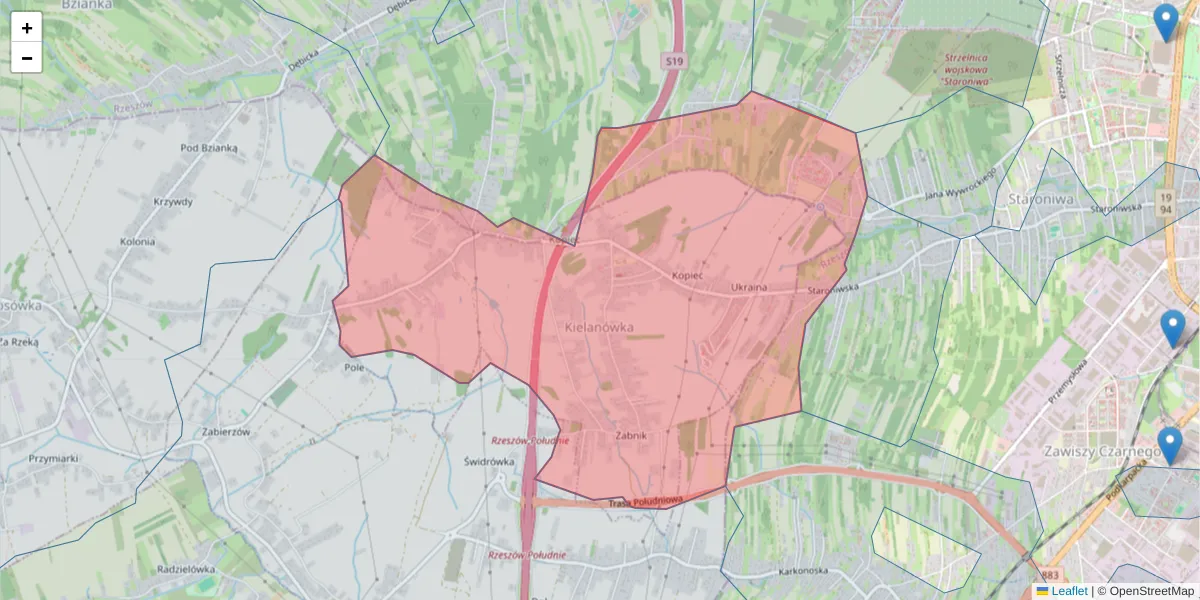 Szczegółowa mapa kodu pocztowego 35-106 z granicami, sąsiednimi kodami pocztowymi i urzędami pocztowymi