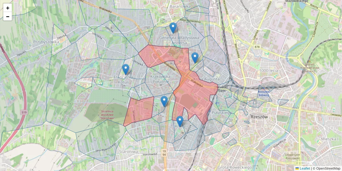 Szczegółowa mapa kodu pocztowego 35-111 z granicami, sąsiednimi kodami pocztowymi i urzędami pocztowymi