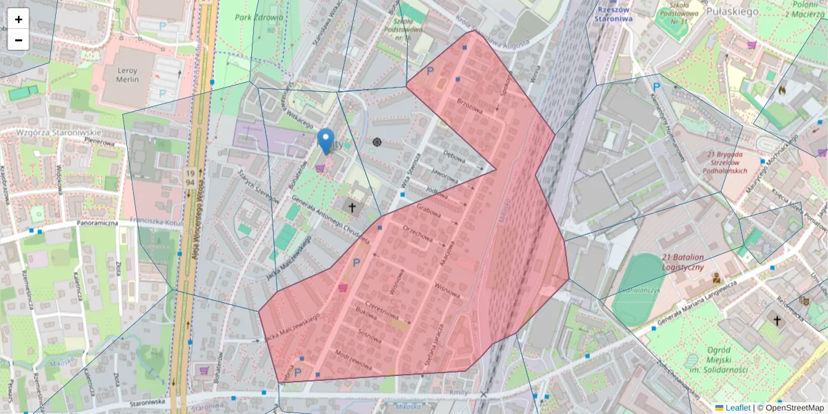 Szczegółowa mapa kodu pocztowego 35-113 z granicami, sąsiednimi kodami pocztowymi i urzędami pocztowymi