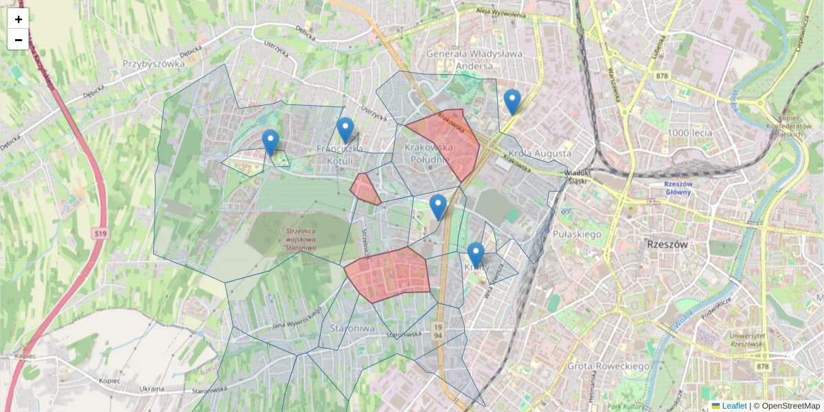 Szczegółowa mapa kodu pocztowego 35-119 z granicami, sąsiednimi kodami pocztowymi i urzędami pocztowymi