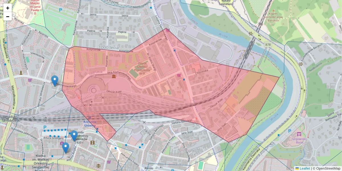 Szczegółowa mapa kodu pocztowego 35-201 z granicami, sąsiednimi kodami pocztowymi i urzędami pocztowymi