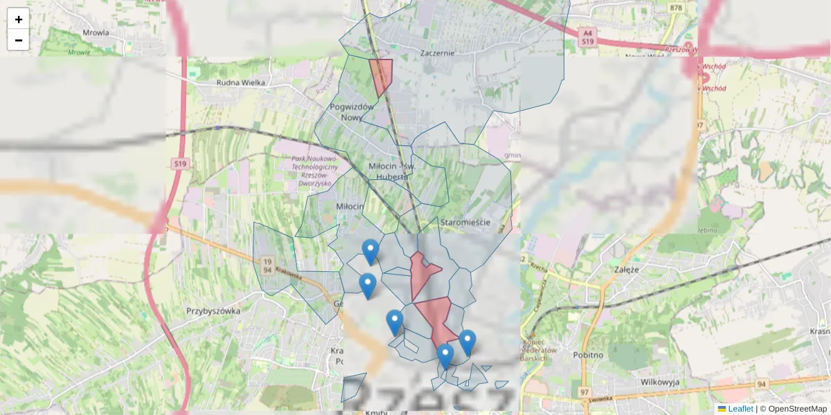 Szczegółowa mapa kodu pocztowego 35-205 z granicami, sąsiednimi kodami pocztowymi i urzędami pocztowymi