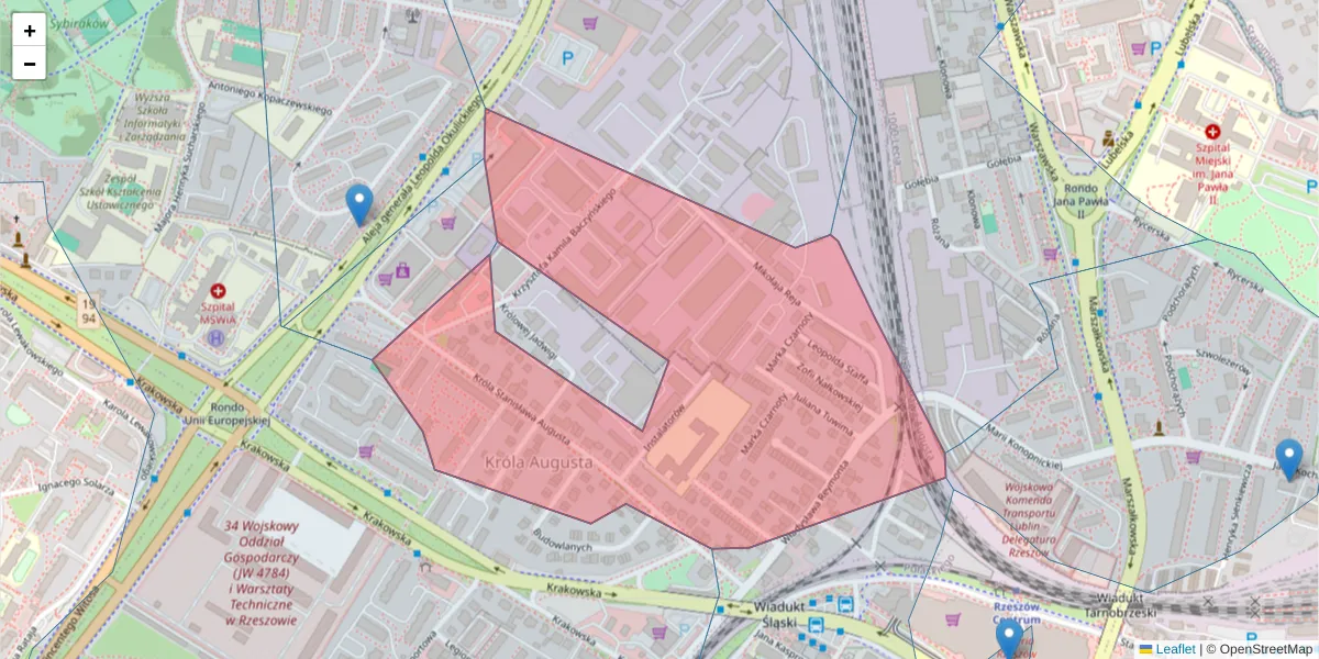 Szczegółowa mapa kodu pocztowego 35-210 z granicami, sąsiednimi kodami pocztowymi i urzędami pocztowymi