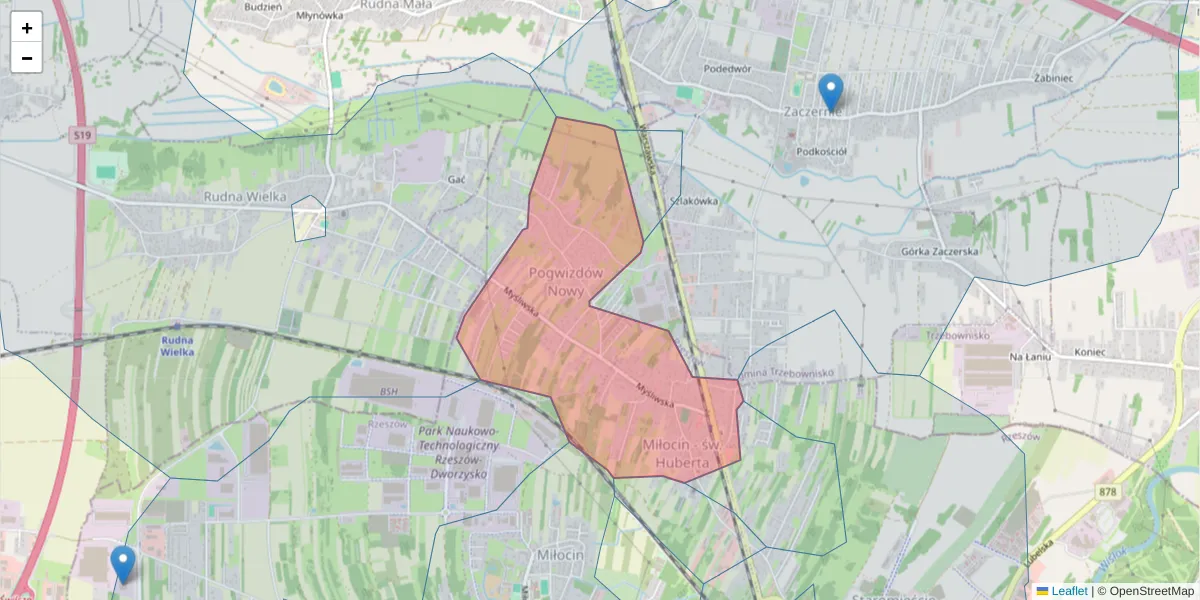 Szczegółowa mapa kodu pocztowego 35-212 z granicami, sąsiednimi kodami pocztowymi i urzędami pocztowymi