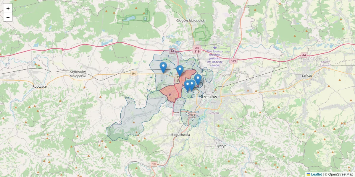 Szczegółowa mapa kodu pocztowego 35-213 z granicami, sąsiednimi kodami pocztowymi i urzędami pocztowymi