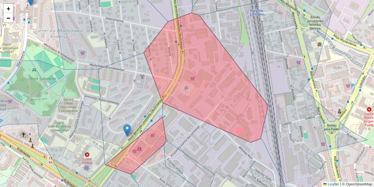 Szczegółowa mapa kodu pocztowego 35-222 z granicami, sąsiednimi kodami pocztowymi i urzędami pocztowymi