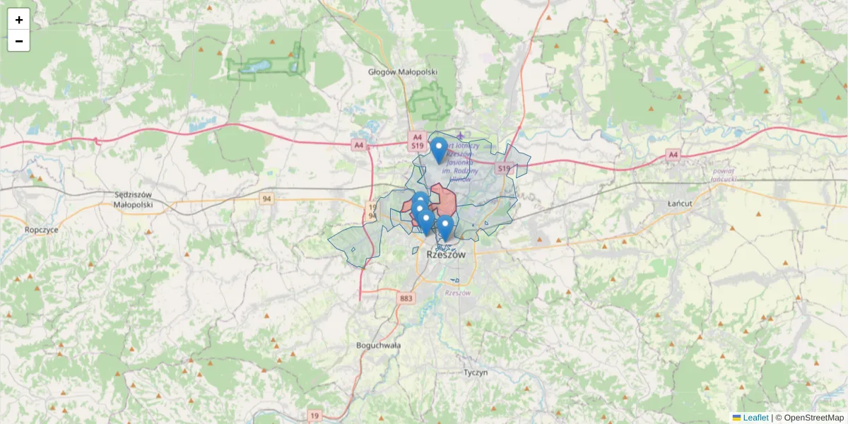 Szczegółowa mapa kodu pocztowego 35-232 z granicami, sąsiednimi kodami pocztowymi i urzędami pocztowymi