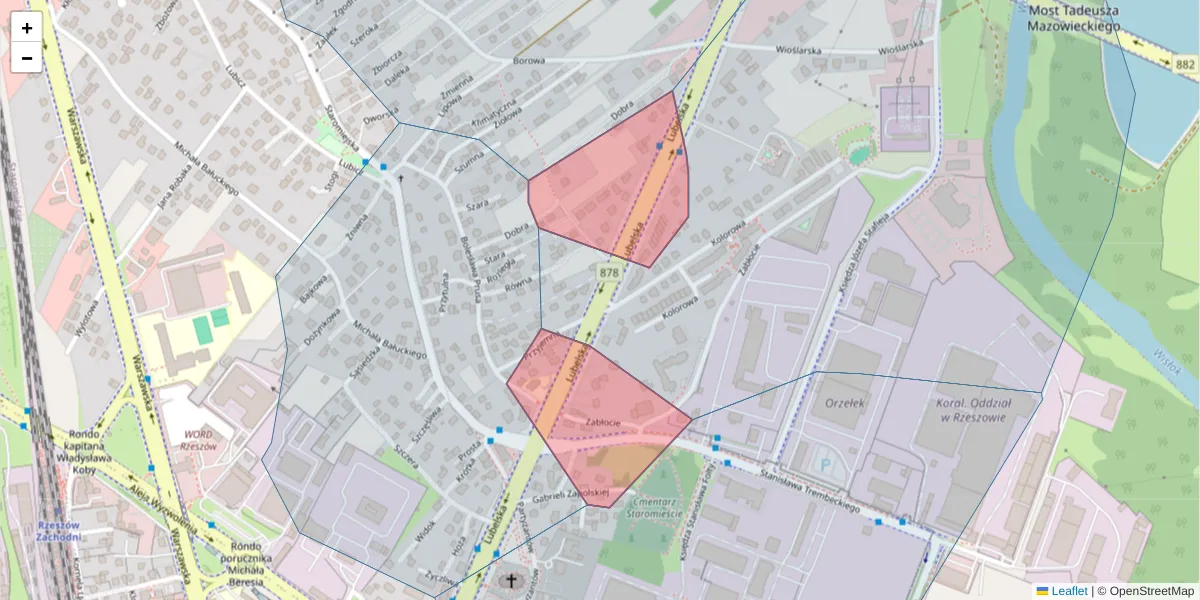 Szczegółowa mapa kodu pocztowego 35-233 z granicami, sąsiednimi kodami pocztowymi i urzędami pocztowymi