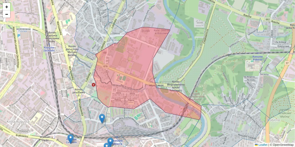 Szczegółowa mapa kodu pocztowego 35-234 z granicami, sąsiednimi kodami pocztowymi i urzędami pocztowymi