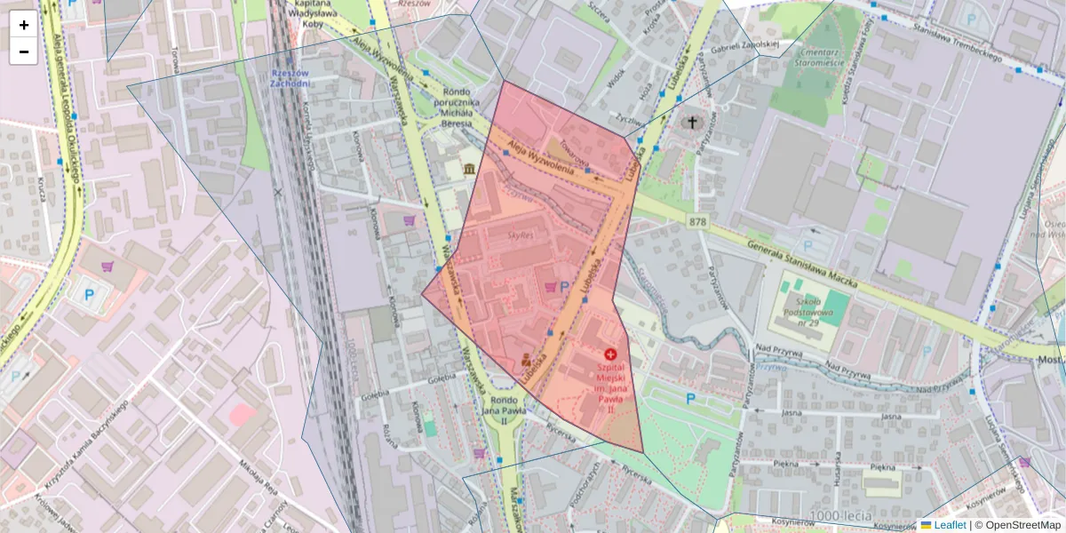 Szczegółowa mapa kodu pocztowego 35-241 z granicami, sąsiednimi kodami pocztowymi i urzędami pocztowymi