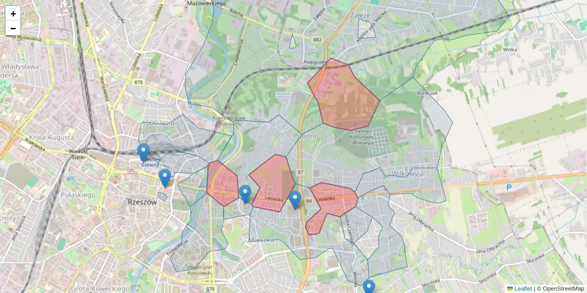 Szczegółowa mapa kodu pocztowego 35-301 z granicami, sąsiednimi kodami pocztowymi i urzędami pocztowymi