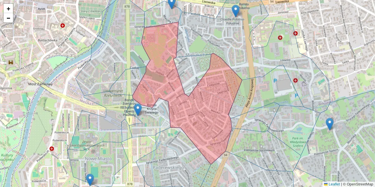 Szczegółowa mapa kodu pocztowego 35-303 z granicami, sąsiednimi kodami pocztowymi i urzędami pocztowymi