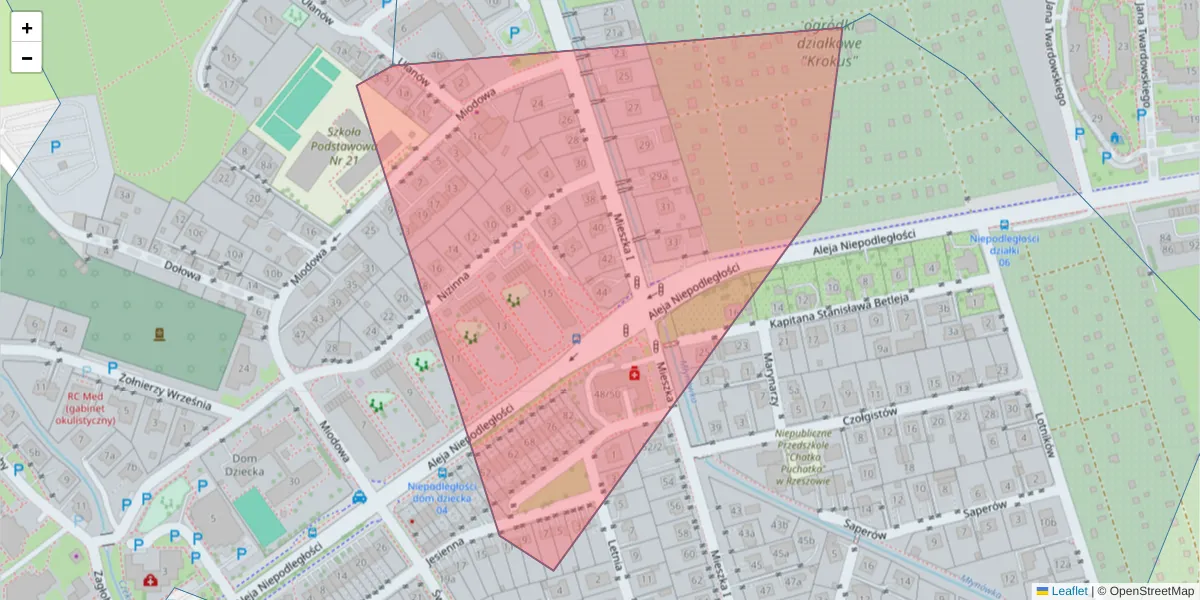 Szczegółowa mapa kodu pocztowego 35-308 z granicami, sąsiednimi kodami pocztowymi i urzędami pocztowymi